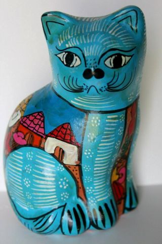Vintage 5 " Cat Colorful Mexican Clay Pottery Handcrafted Folk Art Figurine