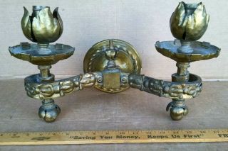 Large Antique Brass Gas & Electric Wall Sconce Gothic Castle Medieval Ca.  1900