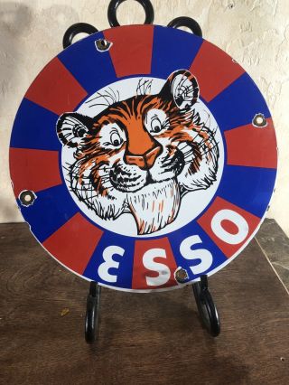 Vintage  Esso  Tiger Gas & Oil Pump Plate 12 Inch Porcelain Sign
