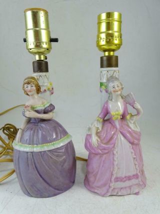 Antique German Porcelain Figural Half Doll Boudoir Lamp Colonial Girl Pink Dress