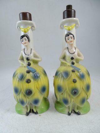 Antique German Porcelain Figural Half Doll Art Deco Boudoir Lamp Artichoke Dress