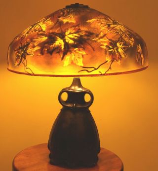 Pittsburgh Glass Lamp Reverse Painted Ice Autumn Leaves Shade & Bronze Owl Base