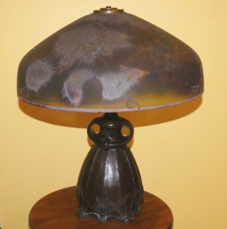 PITTSBURGH GLASS LAMP Reverse Painted Ice Autumn Leaves Shade & Bronze Owl Base 2