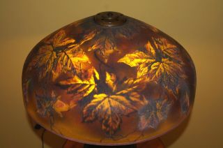 PITTSBURGH GLASS LAMP Reverse Painted Ice Autumn Leaves Shade & Bronze Owl Base 3