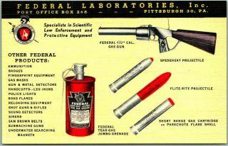 1940s Linen Advertising Postcard Federal Laboratories Tear Gas Gun & Supplies