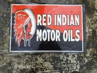 Porcelain Red Indian Motor Oil Enamel Sign Size 16 " X 24.  5 " Inches Flange