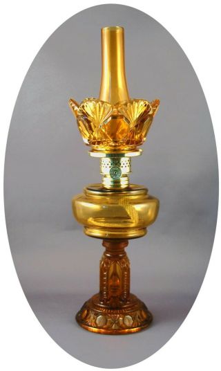 Scarce Antique Honey Amber Cathedral Miniature Oil Lamp,  S1 - 480,  Ca.  1885