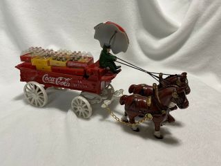 Cast Iron Horse Drawn Coca - Cola Coke Advertising Toy With Accessories Umbrella