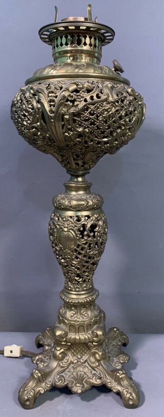Ca.  1900 Antique French Victorian Style Brass Reticulated Old Oil Banquest Lamp