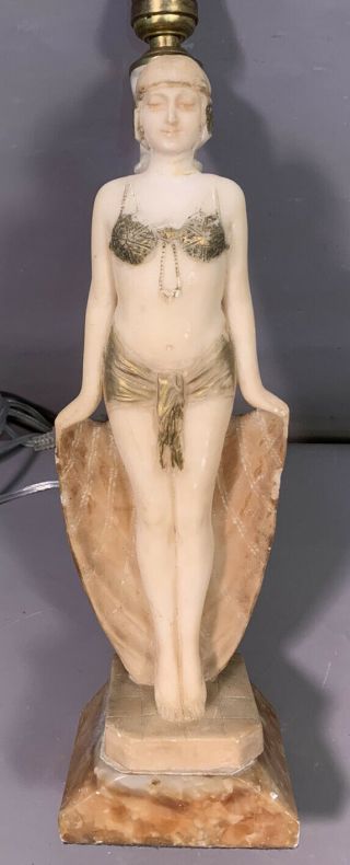 Antique Art Deco Carved Alabaster Flapper Girl Burlesque Lady Dancer Statue Lamp