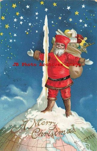 Christmas,  Iap No 1197,  Clapsaddle? Red Suit Santa Standing On Top Of The World