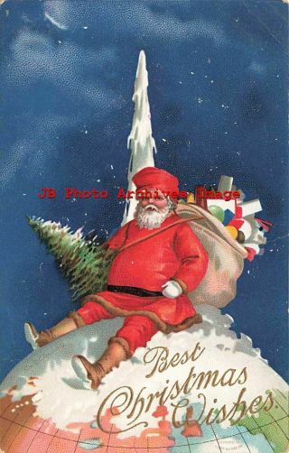 Christmas,  Iap No 1197,  Clapsaddle? Red Suit Santa Sitting On Top Of The World