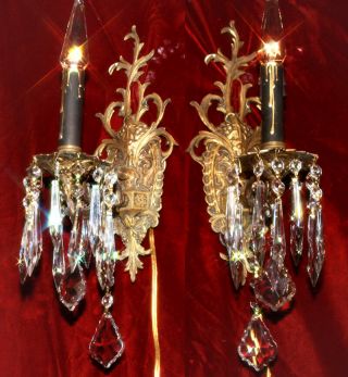 Pr Vintage Gilt Bronze Brass Crystal Lamp 1lite Sconce Rococo Spain French Light