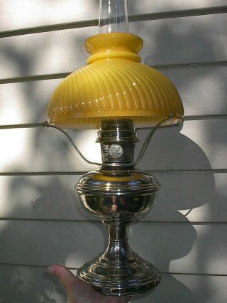 Old Nickel Plated Aladdin Model 11 Antique Oil Lamp W/yellow Cased Glass Shade A