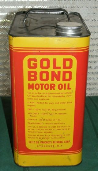GOLD BOND MOTOR OIL CAN VINTAGE 2 GALLONS Empty SEITZ OIL CO.  SYRACUSE,  NY 2