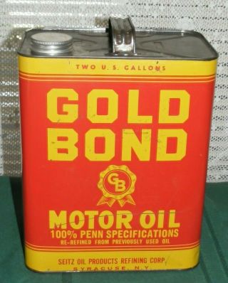 GOLD BOND MOTOR OIL CAN VINTAGE 2 GALLONS Empty SEITZ OIL CO.  SYRACUSE,  NY 3