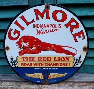 Old Vintage Dated 1952 Gilmore The Red Lion Porcelain Pump Ad Sign Indianapolis