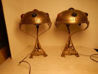 Vintage Austrian Jugendstil Art Nouveau Brass Table Lamp Chunk Glass Shade Pr.