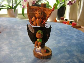 Vintage Wooden Boy And Girl Kokeshi Dolls Fishing From Basket 6 " Signed