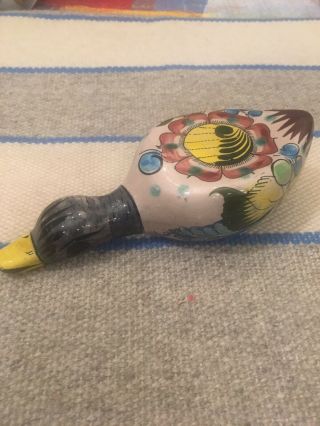 Tonala Mexican Folk Art Hand Painted Pottery Duck Figurine Stretched Neck Mexico