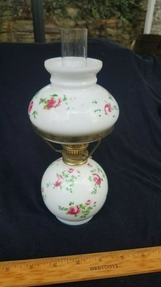 Vintage Miniature Oil Lamp Milk Glass Shade & Base With Applied Roses,  9 - 1/2 "