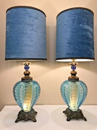 Large Vintage Blue Glass Double Light Lamps Velvet Shades L & L Wmc Accurate