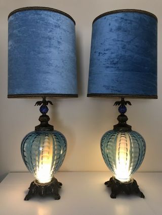 Large Vintage Blue Glass Double Light Lamps Velvet Shades L & L WMC Accurate 2