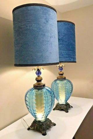 Large Vintage Blue Glass Double Light Lamps Velvet Shades L & L WMC Accurate 3