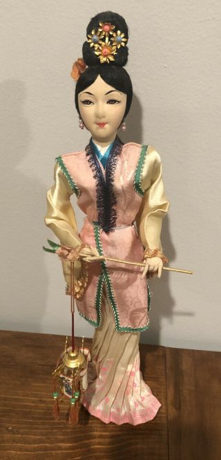 Vintage Silk 15” Japanese Geisha Doll Holding Lantern On Wood Base