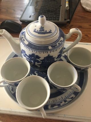 Collective Blue & White Tea Set - Teapot,  4 Tea Cups With Ceramic Tray