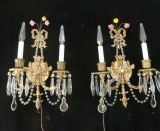2 Vintage Bronze Brass Crystal Lamp Bow Sconce French Beads Prism Porcelain Rose