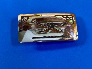 Vintage Silver And Black Mirrored Belt Buckle With Roadrunner Drawing