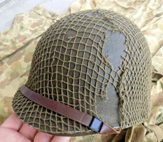 Wwii Us Army Usmc Fixed Bale Combat Helmet W/ Low Pressure Liner & Net