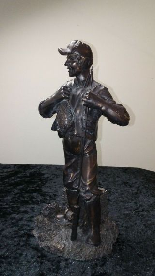 Bronze Finish Plastic/resin Fisherman With Pole And Fish Statue Vintage