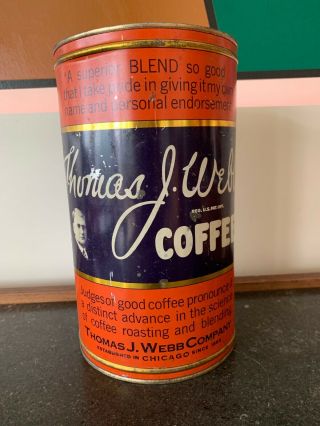 Antique Thomas J Webb Coffee Tin Litho & Lid 3lb Tall Can Chicago,  Il