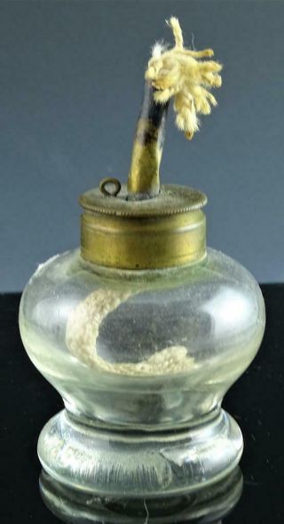 Rare Antique Blown Glass Whale Oil Sparking Lamp With Single Burner & Wick C1830