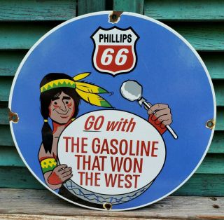 Vintage Porcelain Phillips 66 Gas And Oil Sign Gas Station Indian Pump Plate