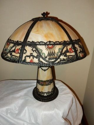 Antique Art Nouveau Slag Glass Panel Scenic Table Lamp