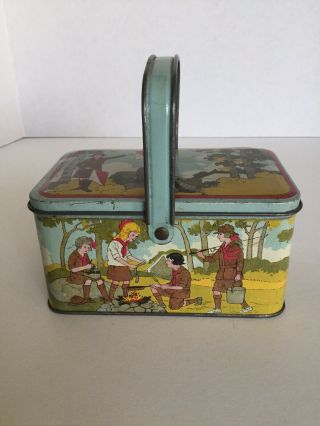Vintage Tin Litho Girl Scout Lunch Box With Hinged Lid And Handle Camping Scene
