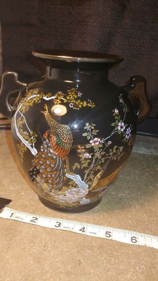 Vintage Black Porcelain Handles Urn Vase Peacock Flowers Japan Signed