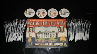 Vintage Planters Mr Peanut Presidents Book,  4 Pins,  And 50 Gold Swizzle Sticks