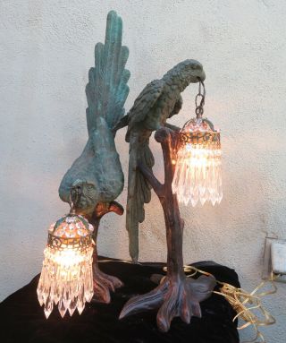 Reserved 2 Huge Vintage Parrot Lamp Crystal Jeweled Bird Bronze Brass Hollywood