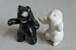 2 " Japanese Vintage Clay Pair Dolls : Black Bear And White Rabbit