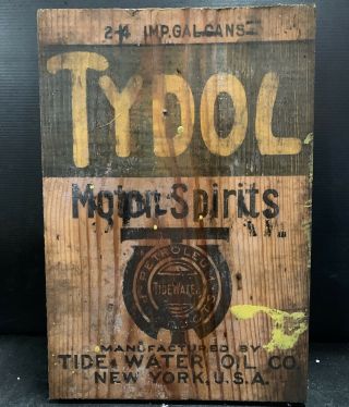 Tydol Tide Water Oil Co.  Vintage Tin Drum Crate Wooden Box End Only