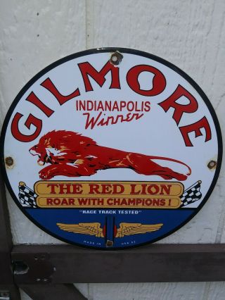 Old 1952 Gilmore The Red Lion Gasoline Porcelain Sign