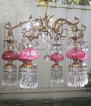Fenton Chandelier Lamp 6 Lite Vintage Swirl Cranberry Glass Brass Bronze Ceiling