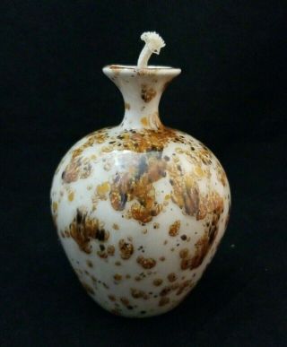 Vintage Glazed Ceramic Round Pottery Oil Lamp – 4.  75” Tall - Signed