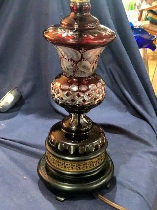 Early 1900s Bohemian Ruby Cut Glass Large Table Lamp With Wood,  Brass Base 18 In