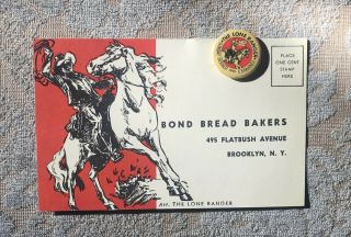 1939 Lone Ranger Safety Club Pin W/ Bond Bread Bakers Postcard Sunday Herald