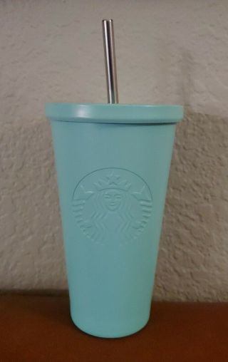 Starbucks Stainless Steel Matte Tiffany Blue Aqua Cup Tumbler With Steel Straw